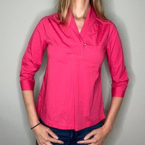 Talbots Petites Wrap Collar Blouse Hot Bright Pink 6 6P Gold Buttons Pleated 3/4